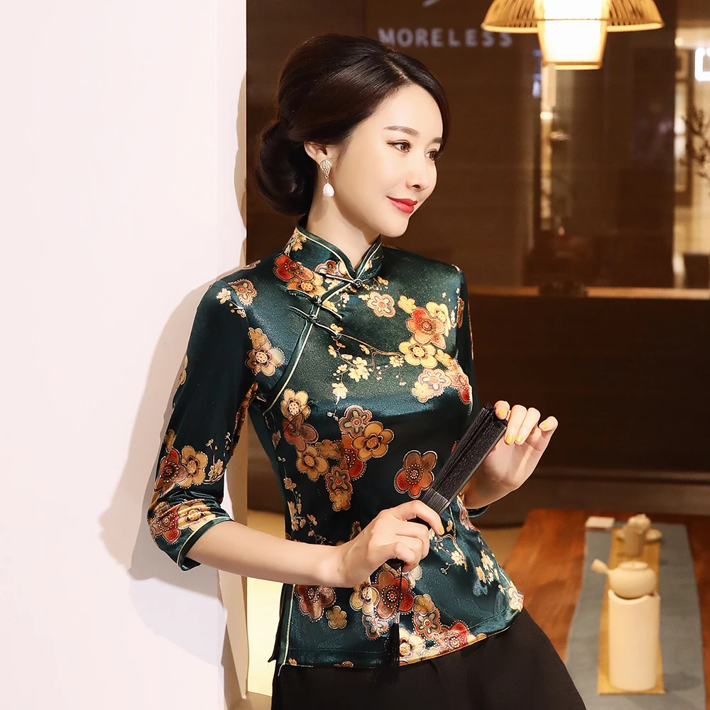 Классическая рубашка Ретро Топы Китайская традиционная Женская бархатная куртка Тан Азиатский воротник мандарин блузка элегантная одежда размера плюс 5XL