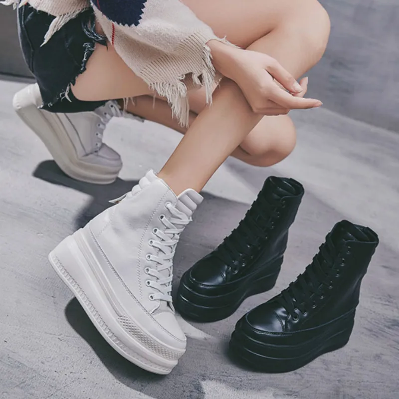 Женские кроссовки с высоким берцем; дышащая зимняя обувь из натуральной кожи на плоской подошве; женская обувь на платформе; женская обувь, увеличивающая рост; I4-98