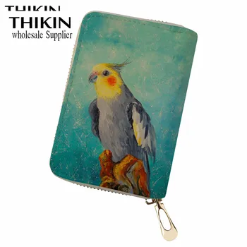 

THIKIN Parakeet Oil Painting Pattern Ladies Small ID Credit Card Case Purse Cartoon Cockatiel Parrot Women Business Card Holder