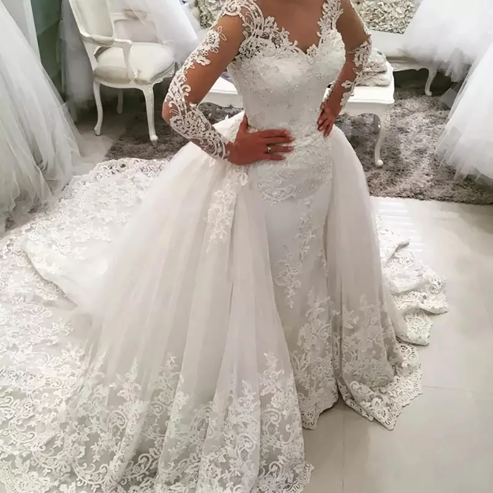 

2024 Newest 2 in 1 Arabic Amazing Detachable Train Mermaid Wedding Dress Long Sleeve Lace Beaded Bridal Gowns Vestido de novia