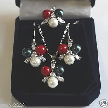 

Hot selling *****8mm Black White Red South Sea Shell Pearl Crystal Earrings Pendant Ring A Set