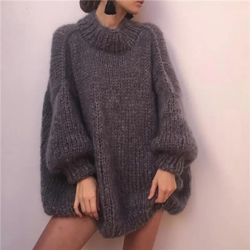 

Autumn Winter Women Knitted Turtleneck Wool Sweaters 2022 Casual Basic Pullover Jumper Lantern Sleeve Long Sleeve Loose Tops