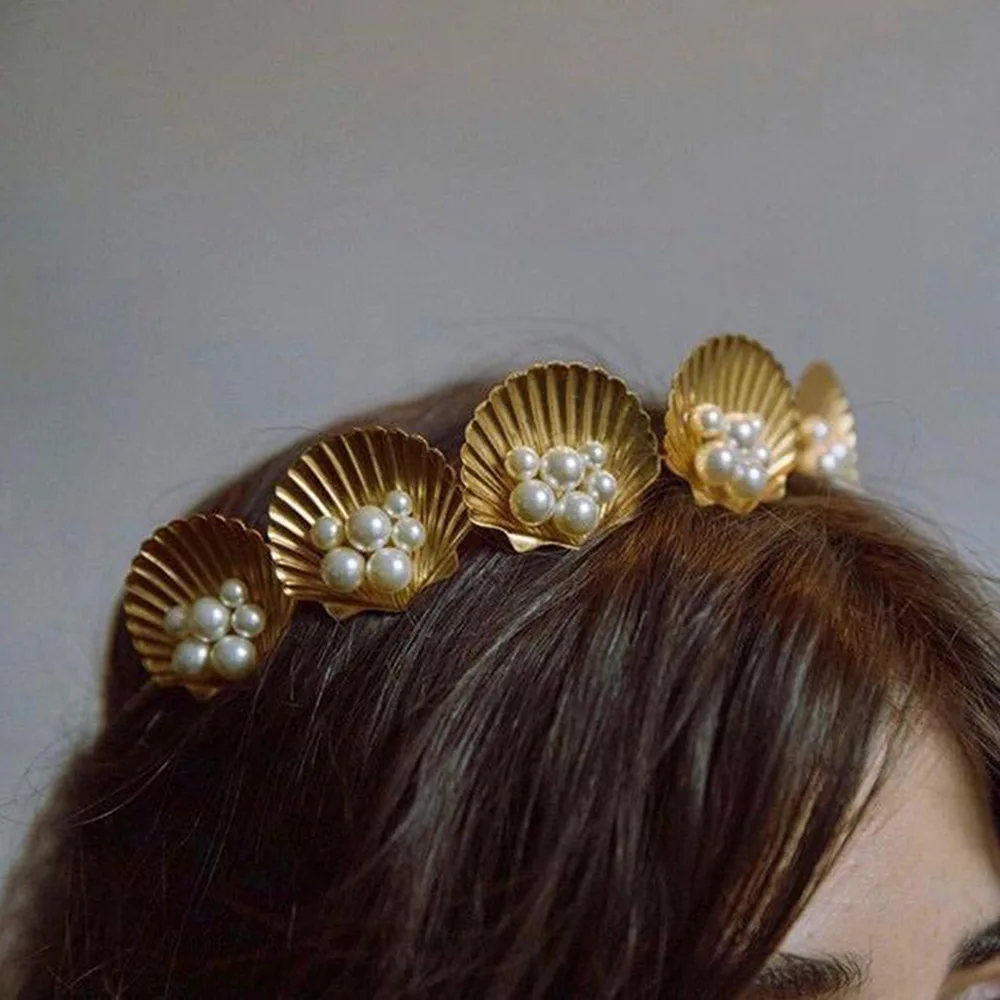 

Chic Metal Shell Shaped Headband For Women Elegant Wedding Metal Gold Shell Pearl Hair Headbands Girls Bride Hair Accessories