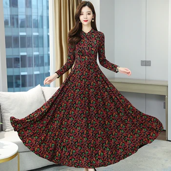 

Autumn Women Long Office Dress Floral Temperament Elegant Mother Long Sleeve V-neck Plus Size Xxxxl Vintage Dresses Vestidos