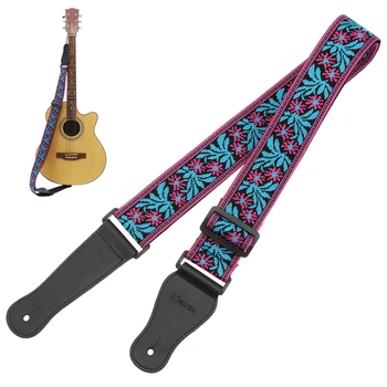

Jacquard Weave Double Fabric Guitar Straps Flowers Pattern Genuine Leather Ends with for Acoustic Electric Guitar Bass