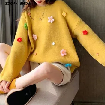 

2020 Women Autumn Winter Oversize 3D Flower Sweater Retro Korea O neck Loose Pullover Knitwear Drop Long sleeve Jumper