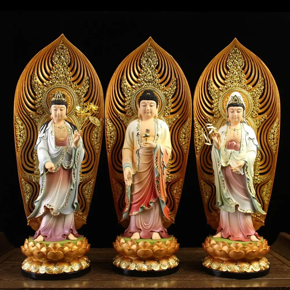A Set 3pcs Home Shrine Protection Buddhism Xi Fang Sansheng Standing Guan Yin Amitabha