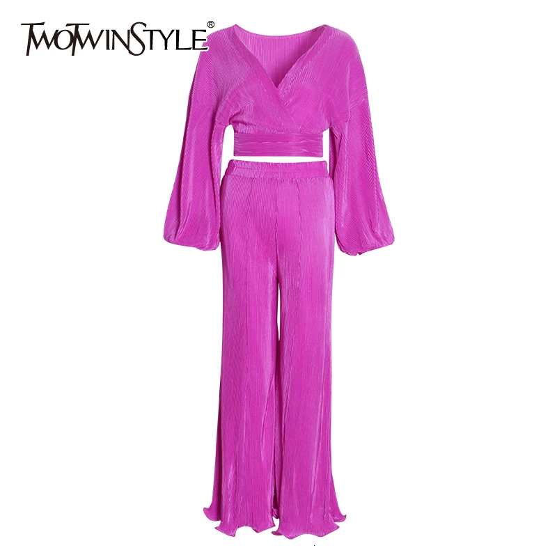 

TWOTWINSTYLE Bohemian Two Piece Set Womens V Neck Backless Shirts High Waist Wide Leg Pants Female Suits 2019 Autumn Fashion New