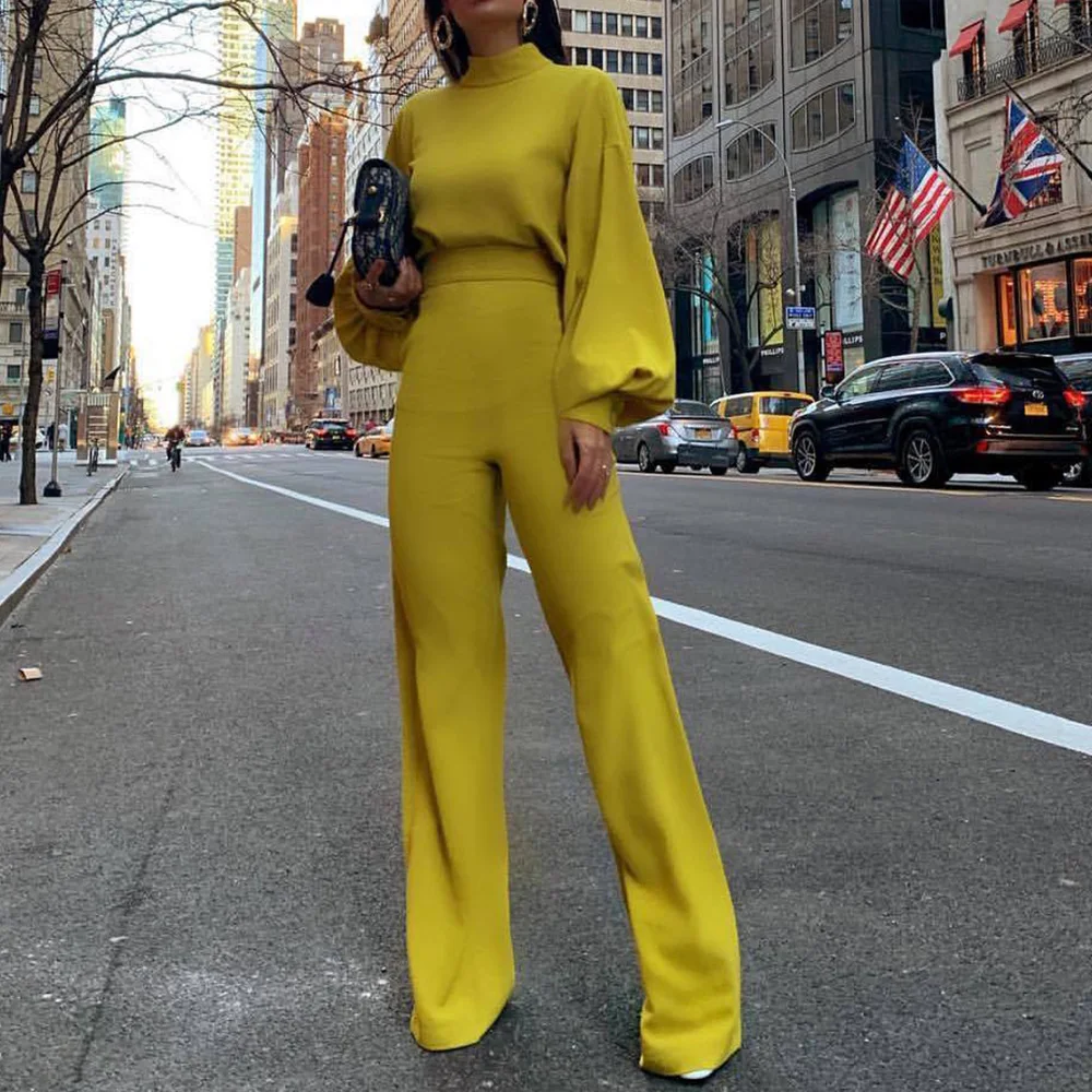 

Lantern Sleeve Office Lady Jumpsuit Women Elegant Solid High Waist Long Playsuits Rompers Lady Female Autumn Fitted Jumpsuits