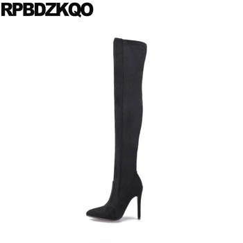 

shoes stretch over the knee thigh high boots for plus size women winter tall pointed toe heel big stiletto luxury long black