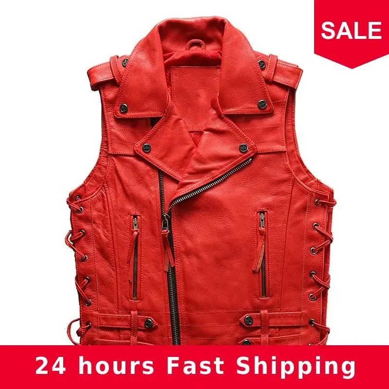 

2020 Red Men Short Motorcycle Leather Vest Plus Size XXXL Genuine Thick Cowhide Autumn Slim Fit Biker's Leather Vest