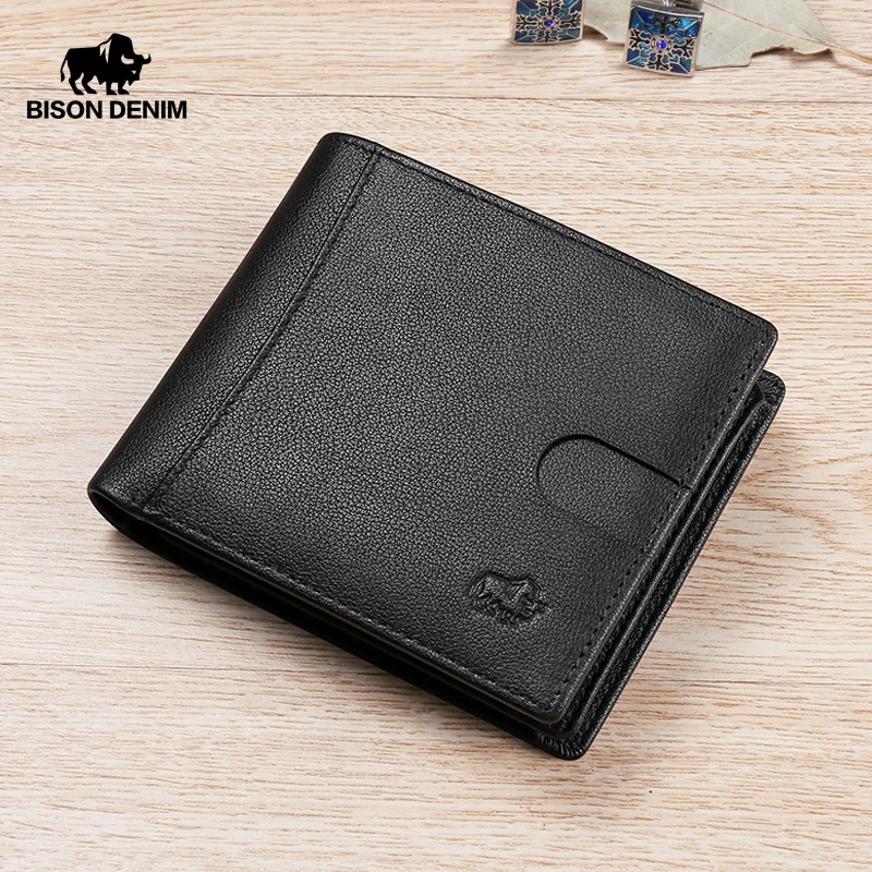 Кошелек BISON DENIM N4502 мужской из натуральной воловьей кожи модный бумажник двойного сложения с кармашком для