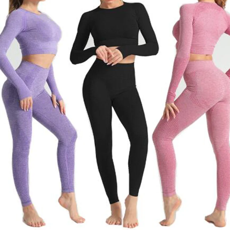 

New Women High Waisted Workout Leggings Gym Seamless Sport Fitness Long Sleeve Yoga Set