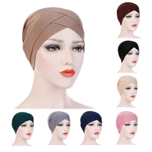 Женская эластичная шапка тюрбан с перекрестной головкой, бандана для химиотерапии, мусульманский шарф, простые хиджабы, шапки, этнические, черные, синие, модные головные уборы