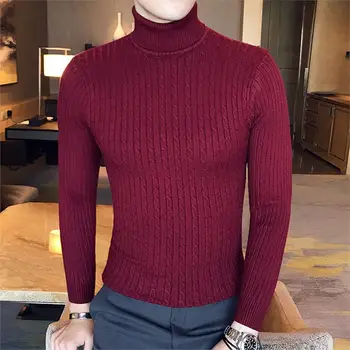 

OLOEY Winter new men's knitted Turtleneck Sweater Pure Color Casual Style Slim Fit Sweater Pullover England Style Sweaters