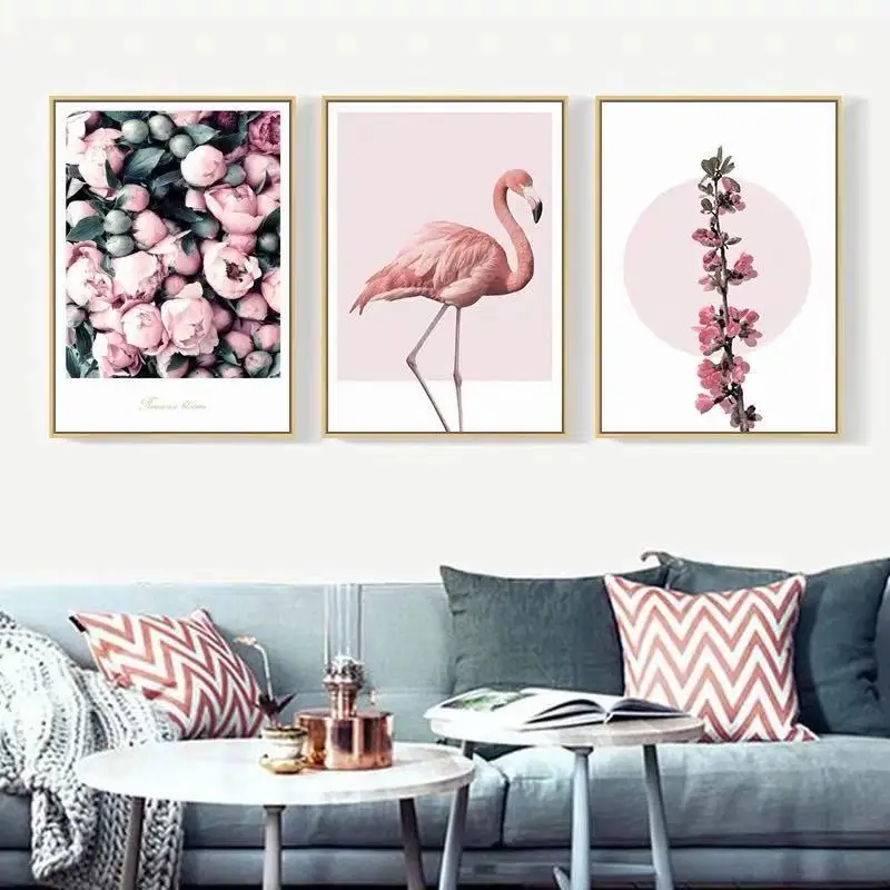 Modern Minimalist Romantic Pink Flamingo And Rose Poster Living Room Sofa Bedroom Background Wall Decoration Painting Core