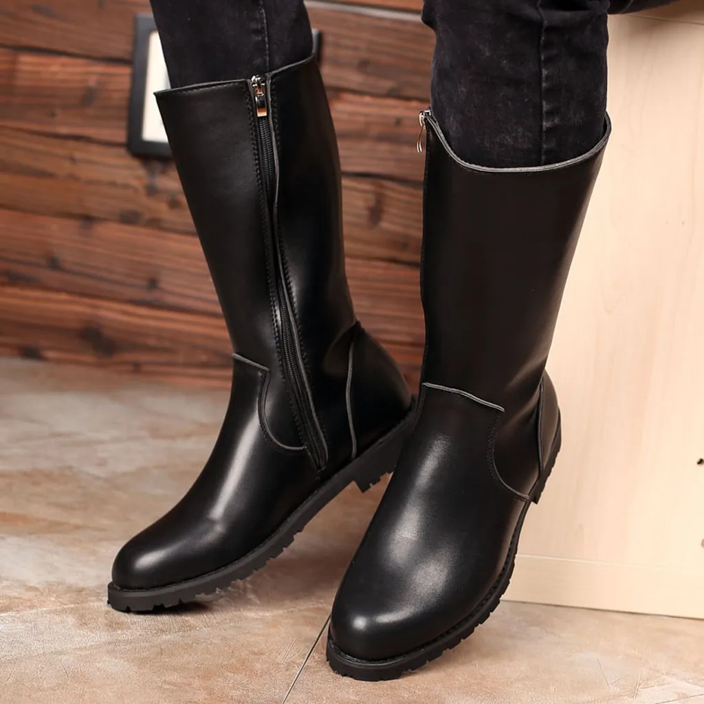Мужская обувь; модные ботинки; мужские сапоги до колена; zapatos de hombre; мужские кожаные ботинки с круглым носком; водонепроницаемые ботинки для верховой езды; обувь в байкерском стиле