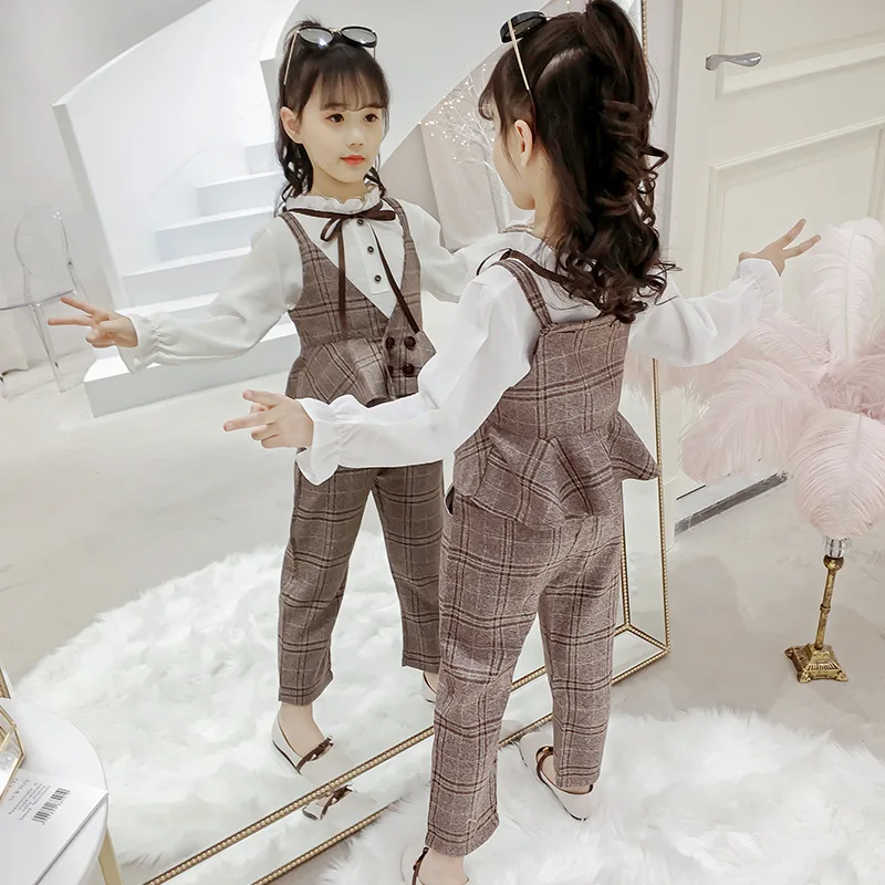 

Girls Western Style Set 2019 New Style Korean-style Spring Clothing GIRL'S Fashionable Shirt Three-piece Set Children Plaid Chil