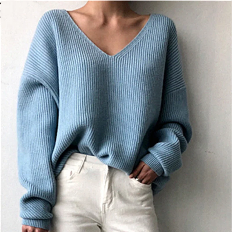 

yuqung Women v neck Knitted Sweater Pullovers long sleeve loose tops Basic office wear jumper knitwear white 2019 Autumn Winter