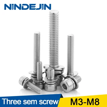 

10/50pcs Hex Socket Head Cap Screw with Washer Three Sem Screw M3 M4 M5 M6 M8 Stainless Steel Metric Three Combination Thread