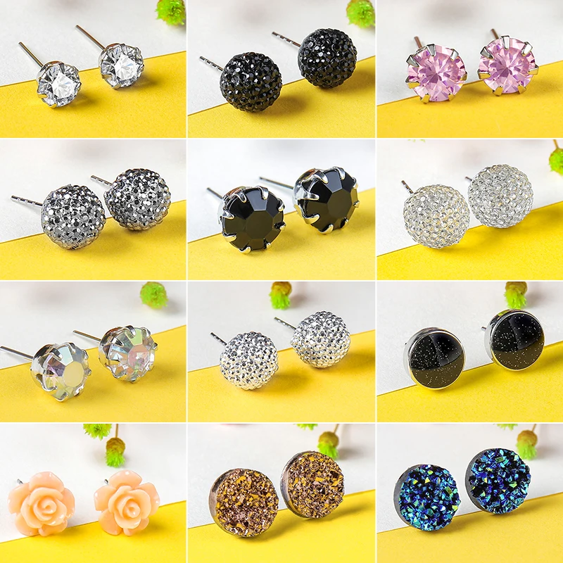 QCOOLJLY 12 Pairs Assorted Crystals Druzy Stone Resin Round Stud Earrings Set Women Multicolor Unique Party Jewelry Gift | Украшения и