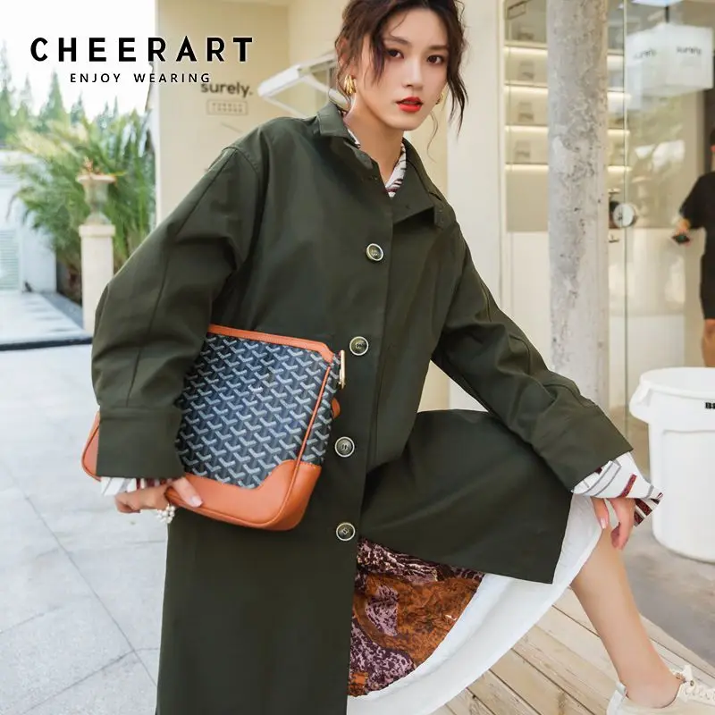 

Cheerart Fall 2019 Trench Coat Green Army Long Coat Loose Trench Overcoat Windbreaker Trenchcoat Femme Duster Coat