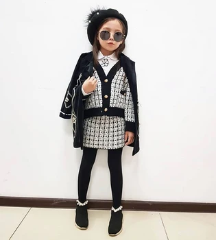 

Toddler Baby Girls Clothes Kids Elegant Winter Set Plaid Coat Houndstooth Pearl Button Tops+Penceil Mini Skirt Formal Outfits