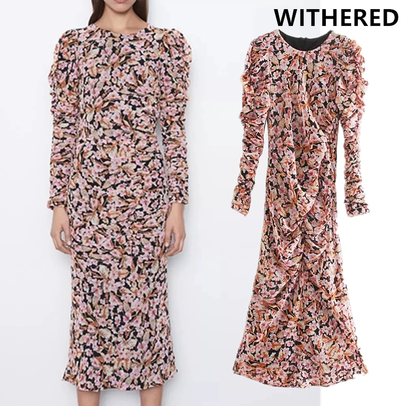 Withered england elegant vintage puff sleeve floral printing dress women vestidos vestidos de fiesta de noche maxi dress blazer