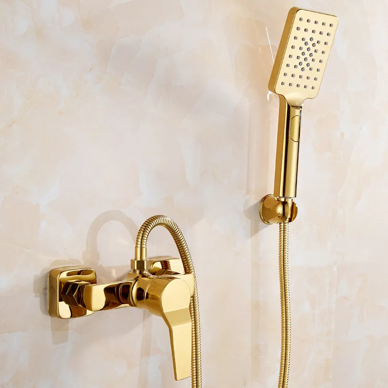 

1Set Bathtub Faucet Single Handle Handheld Brass Golden Bath Shower Mixer Tap With Hand Shower Wall Mount