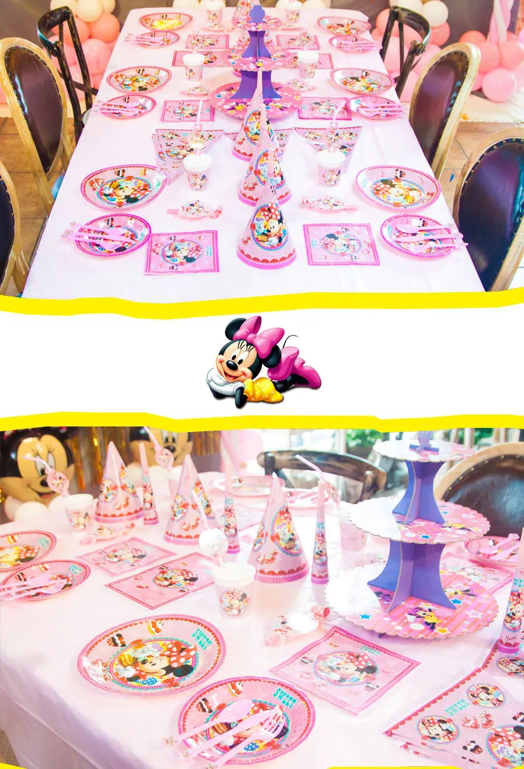 Minnie Mickey Mouse Party Theme Princess Pink Cartoon First Birthday Party Decoration Disposable Tableware Paper Towel Supplies