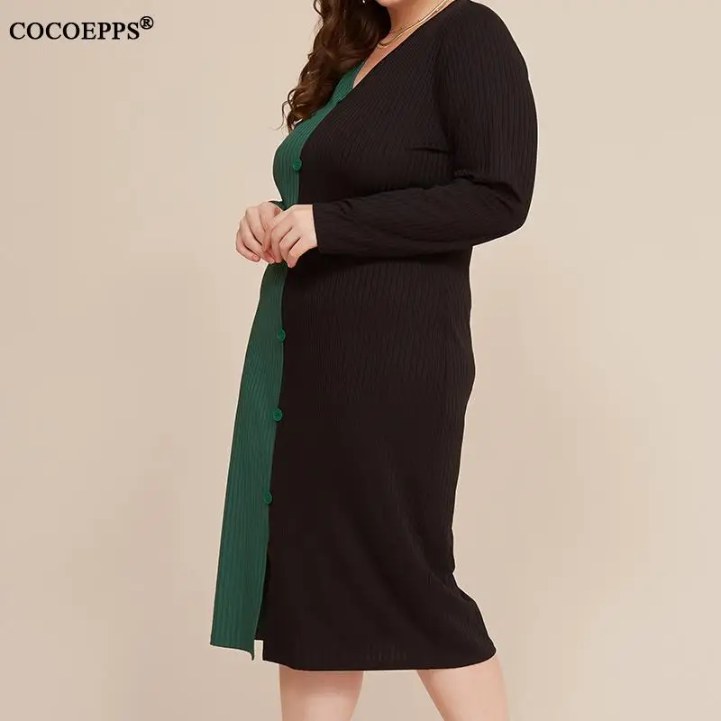 XL-5XL, большой размер, женское трикотажное платье, Осень-зима, v-образный вырез, кнопка, бодикон, офисное платье, женское, длинный рукав, плюс размер, вязаное платье