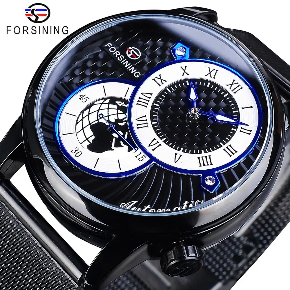 Forsining Black Chronograph Sport Watch Waterproof Mesh Band Automatic Watch Luminous Hand Mechanical Wristwatches Montre Homme trendy men s watches luxury automatic mechanical watch men square stainless steel mesh weaving hollow out sport wristwatch man