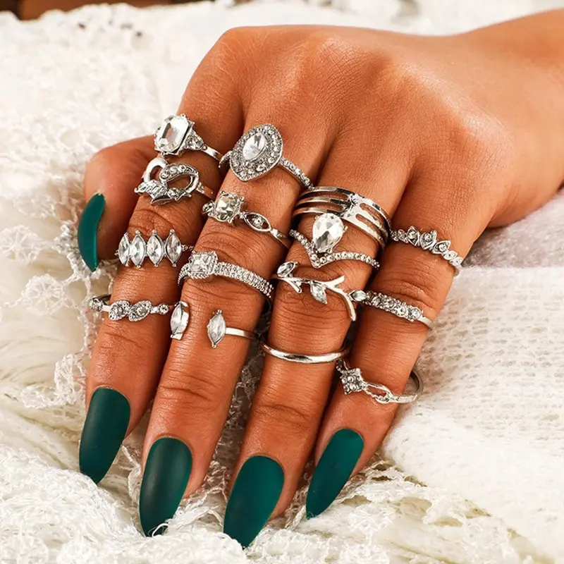 2020 New 15Pcs/Set Boho Drop Crystal Leaves Hollow Heart Ring Set Fashion Flower Vine Gemotric Finger Rings Jewelry | Украшения и