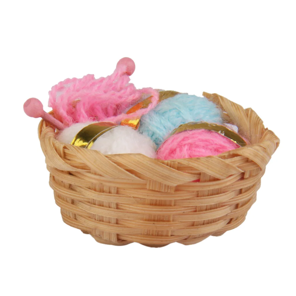 1/12 Knitting Work Bamboo Basket w.Woolen Threads Needle Dollhouse Accessory