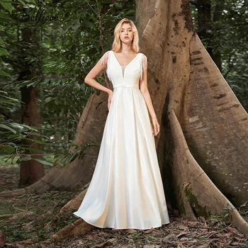 

Elegant Cream Women Dress A-Line Double V-Neck Tassel Sleeveless Satin Chic Laides New Trend High Street Maxi Dress Robe Femme