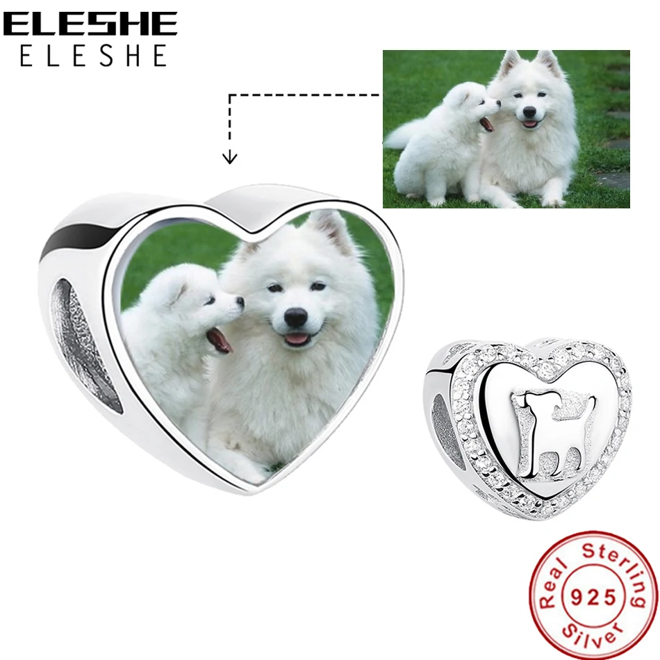 

Custom Photo Charm 925 Sterling Silver Love Heart Shape Puppy Beads fit Women Bracelet Original DIY Jewelry