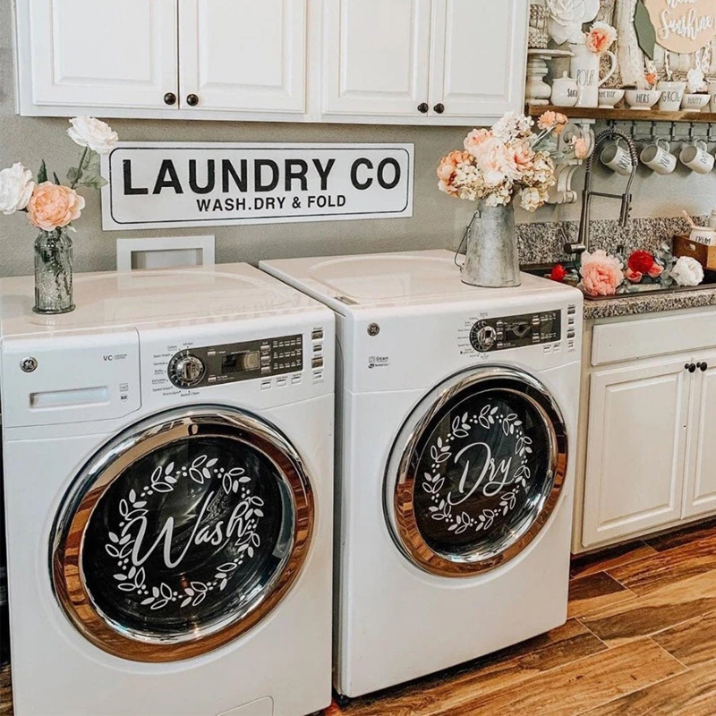 Laundry Room Decor Wash Dry Vinyl Decal Set Washing Machines Farmhouse Laundry Decor With Floral Wreath 13 5 Inch E830 Wall Stickers Aliexpress