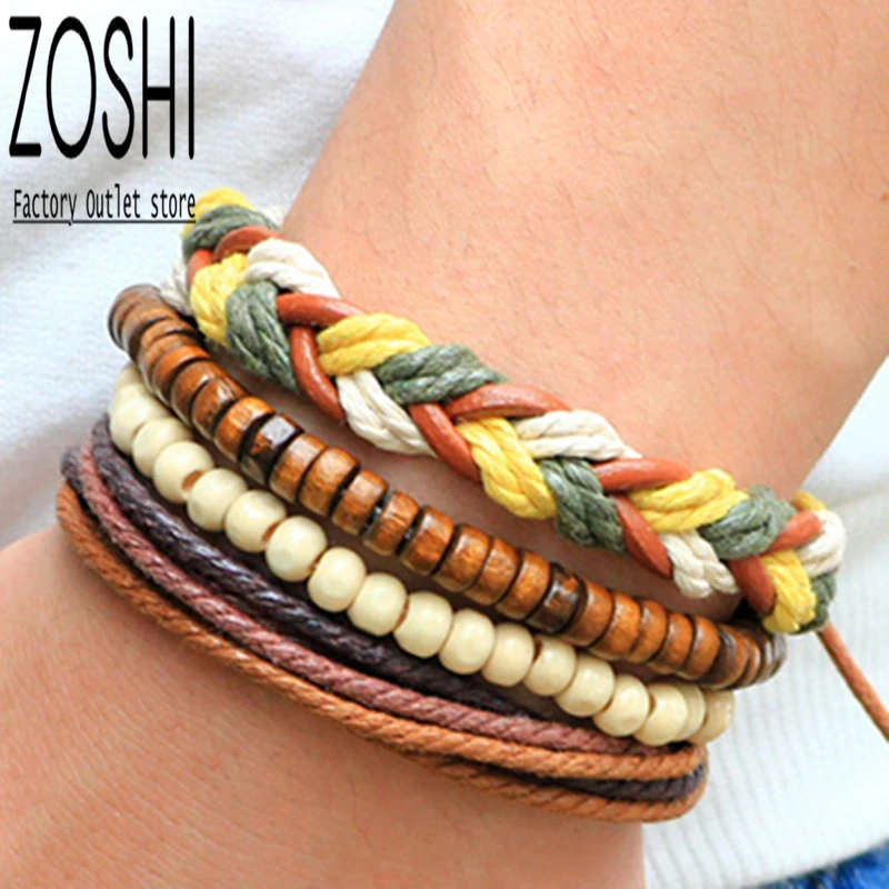 Men's Bracelets Set 4pcs Mixed Leather Wrap Bracelet Black Brown Bangles Wood Beads Yellow Green Weave Punk Male Rock Accessory |