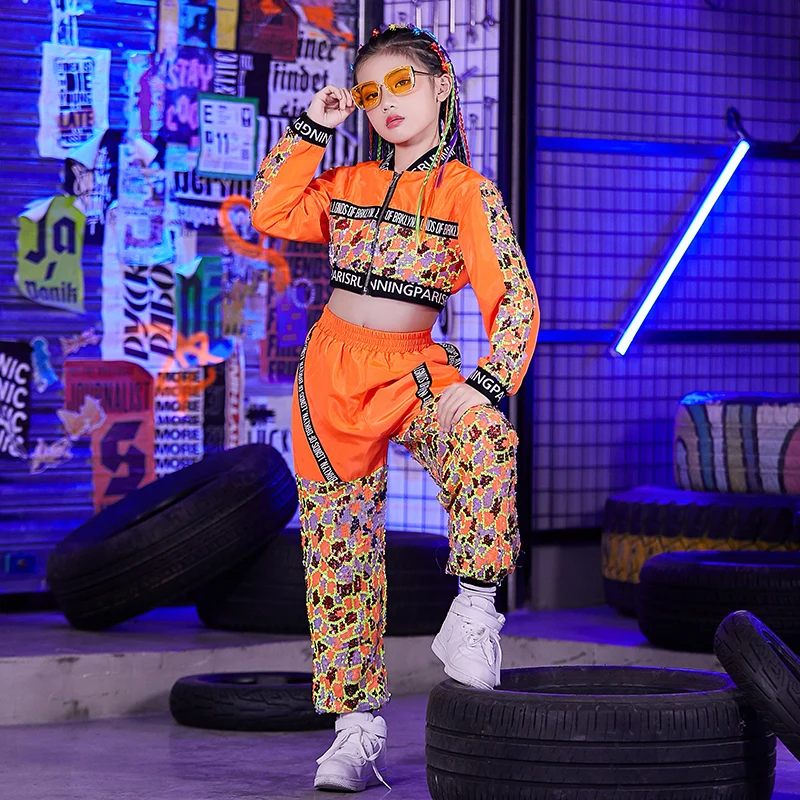 Top And pant Танцевальный костюм в стиле хип-хоп для девочек оранжевое пальто штаны в стиле хип-хоп Детский костюм для уличных танцев Детская одежда с блестками для выступлений BL2970 - Цвет: Top And pant