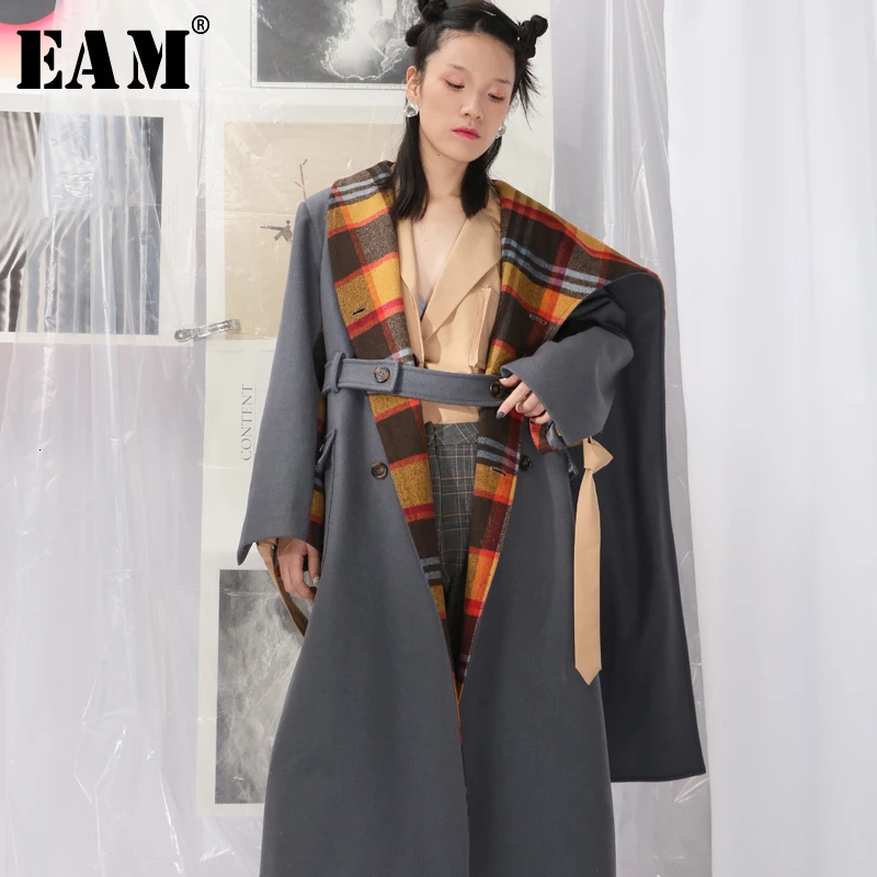 

[EAM] Loose Fit Gray Plaid Split Big Size Long Woolen Coat Parkas New Long Sleeve Women Fashion Tide Autumn Winter 2019 1D355