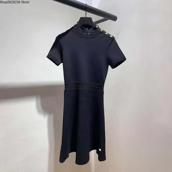 

French Elegant 2020 Round Neck Short Sleeve Elastic Force Slim Fit Slim Button Women's Wear Dress 190520