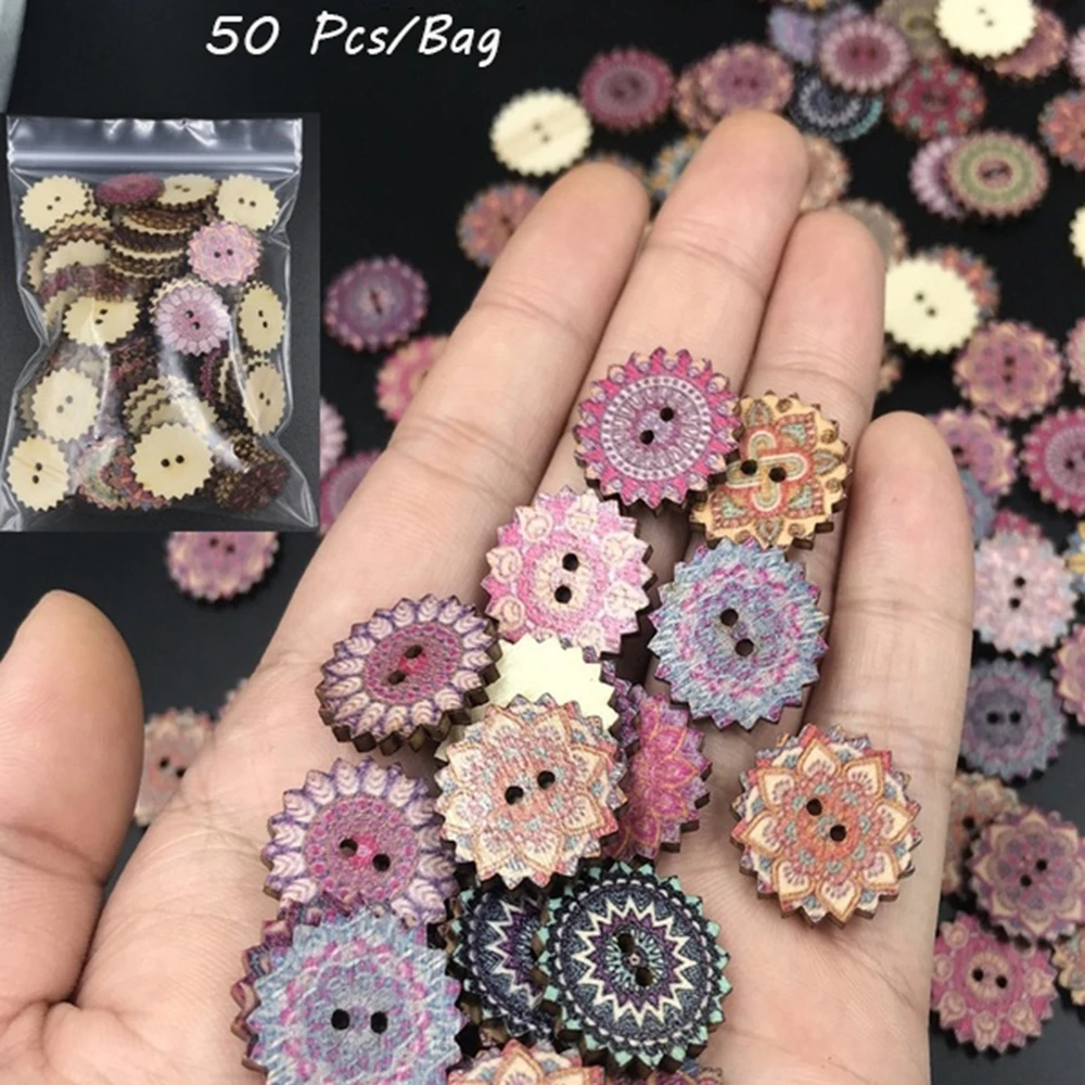 50pcs Painted Gear Wood Buttons With 2 Holes for Handwork Sewing Scrapbook Clothing Crafts Accessories Gift Card 20-25mm