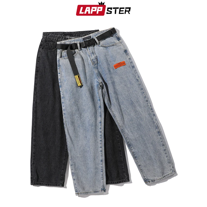 LAPPSTER Mens Korean Fashoins Harem Blue Jeans Pants 2019 Vintage Straight Pants Harajuku Jeans Baggy Belt High Quality Denim LAPPSTER Mens Korean Fashoins Harem Blue Jeans Pants 2019 Vintage Straight Pants Harajuku Jeans Baggy Belt High Quality Denim