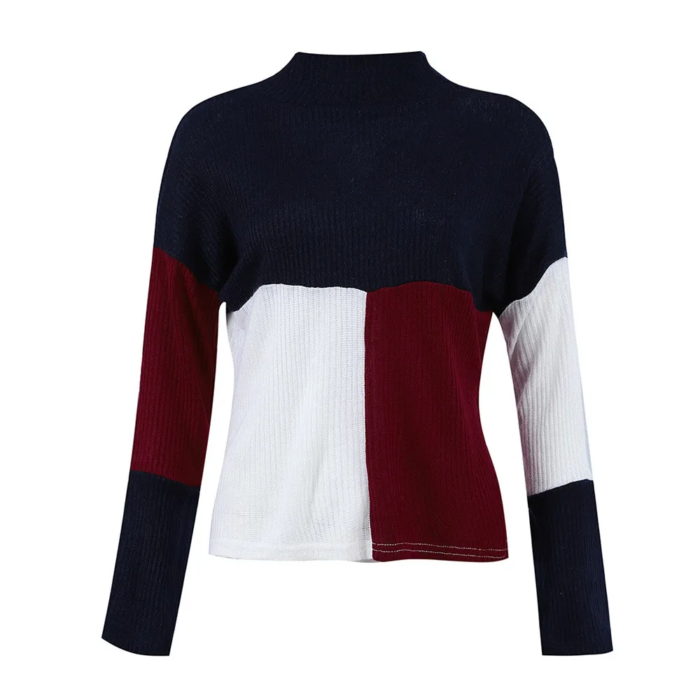 Jaycosin Women Colorblock Stand Long Sleeve Knitted Loose Sweater Tops Casual Quality Attractive Jumper Pullover Top Blouse