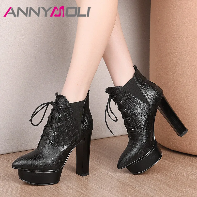 

ANNYMOLI Fall Ankle Boots Women Natural Genuine Leather Platform Block Heel Short Boots Fashion Extreme High Heel Shoes Lady 39