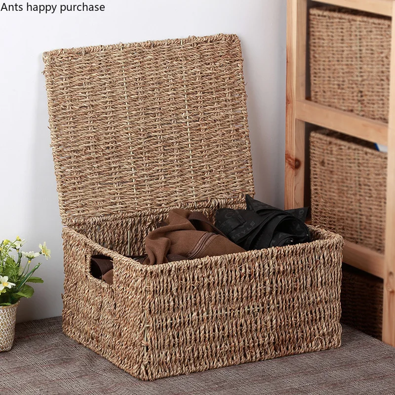 Handmade Straw Storage Box Covered Clothes Storage Box Household Debris Storage Basket Rectangular American Bedroom Storages
