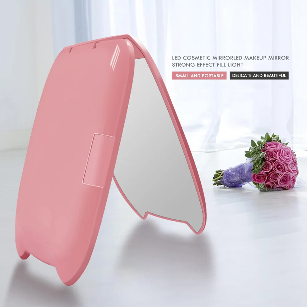 1pcs Portable LED Cartoon Fill Light Makeup Mirror Fan Bright Adjustable USB Charging Portable Handheld Mini Fan