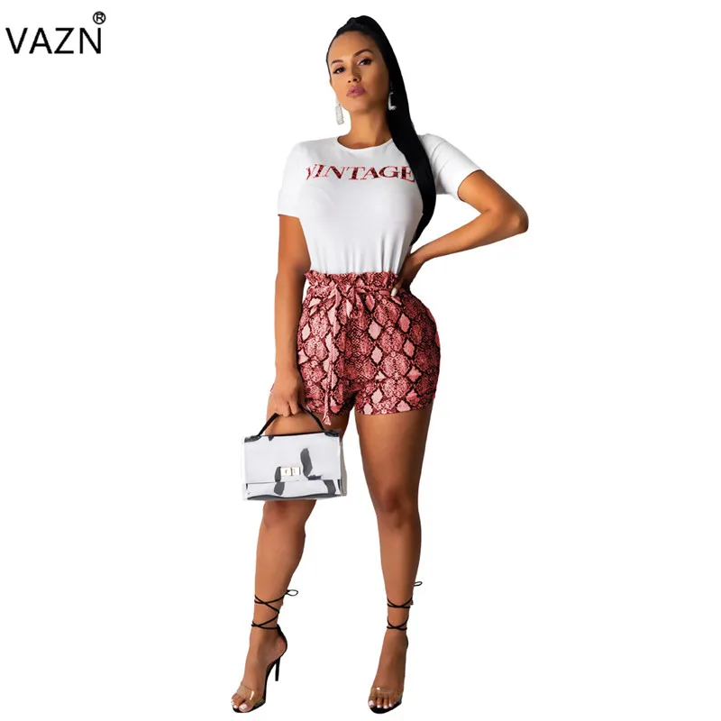 

VAZN ML7229 New Serpentine Print Lace Up Sweet Office 2019 Casual Young Short Sleeve Top Short Pants Bodycon Women 2 Piece Set