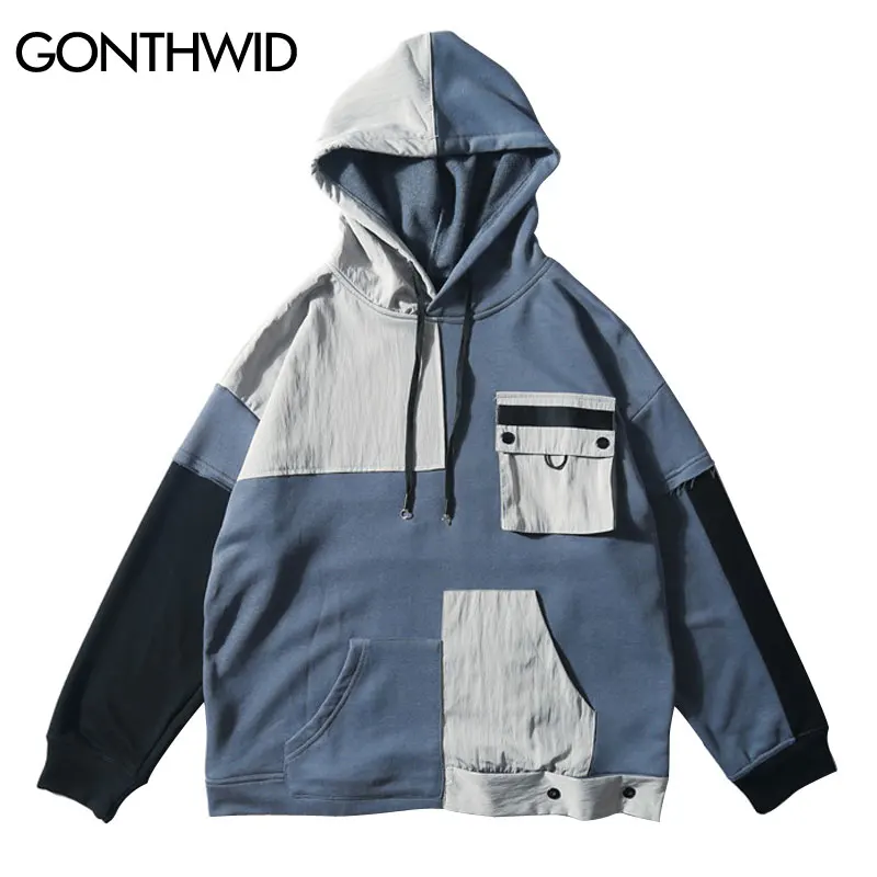 

GONTHWID Multi Pockets Color Block Patchwork Sweatshirts Hoodies Harajuku Casual Pullover Hooded Streetwear Hip Hop Fashion Tops