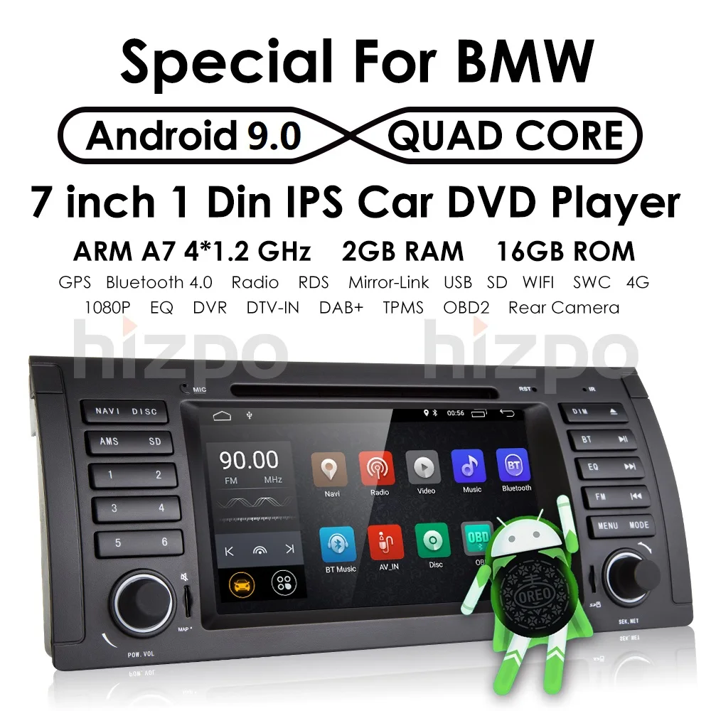 2din автомобильный Радио dvd gps android 9,0 1024*600 четырехъядерный для BMW E39 E53 M5(1996-2007) с Bluetooth Phonelink BT 1080P DAB+ карты